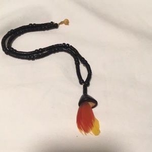 Wooden beaded necklace with red and yellow feathers